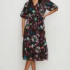 Outlet Oasis Painted Floral Wrap Organza Midi Dress Black