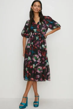 Outlet Oasis Painted Floral Wrap Organza Midi Dress Black