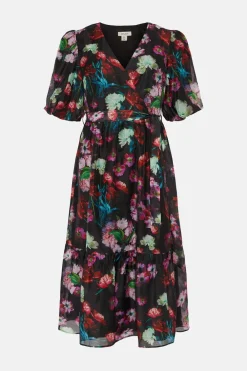 Outlet Oasis Painted Floral Wrap Organza Midi Dress Black