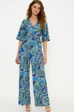 New Oasis Paisley Crinkle Angel Sleeve Jumpsuit Blue