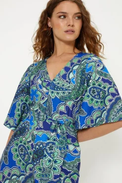New Oasis Paisley Crinkle Angel Sleeve Jumpsuit Blue
