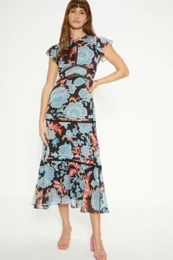 Fashion Oasis Paisley Floral Tiered Lace Trim Midi Dress Black