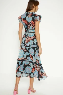Fashion Oasis Paisley Floral Tiered Lace Trim Midi Dress Black