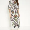 Clearance Oasis Paisley Jacquard Ruched Sleeve Midi Dress Ivory