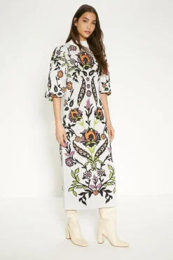 Clearance Oasis Paisley Jacquard Ruched Sleeve Midi Dress Ivory