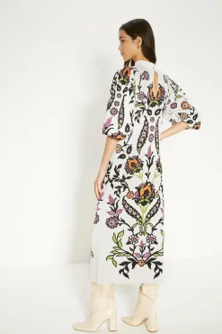 Clearance Oasis Paisley Jacquard Ruched Sleeve Midi Dress Ivory