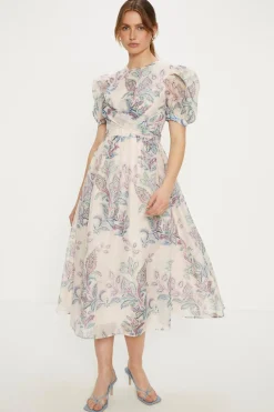 Online Oasis Paisley Organza Wrap Front Puff Sleeve Midi Dress Nude