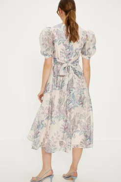 Online Oasis Paisley Organza Wrap Front Puff Sleeve Midi Dress Nude