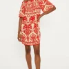 Sale Oasis Paisley Palm Short Sleeve Shir Bardot Dress Red