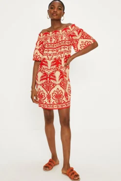 Sale Oasis Paisley Palm Short Sleeve Shir Bardot Dress Red
