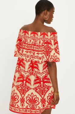 Sale Oasis Paisley Palm Short Sleeve Shir Bardot Dress Red