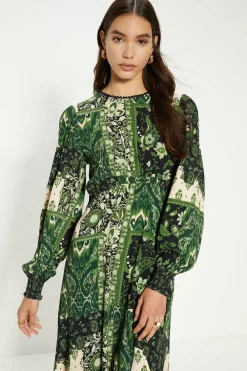 New Oasis Paisley Patch Trim Detail Shirred Cuff Midi Dress Green