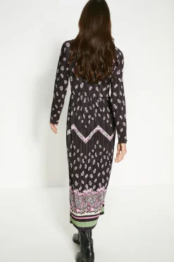 New Oasis Paisley Plisse Placement Midi Dress Black