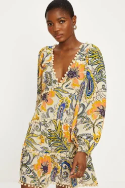 Best Oasis Paisley Pom Pom Tiered Mini Dress Orange