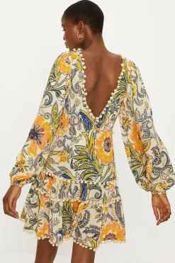 Best Oasis Paisley Pom Pom Tiered Mini Dress Orange