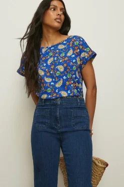 Outlet Oasis Paisley Print Cotton Slub Roll Sleeve T-Shirt Ivory