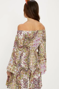 Best Oasis Paisley Print Crinkle Shirred Bardot Dress Multi