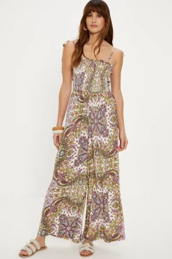 Hot Oasis Paisley Print Crinkled Shirred Jumpsuit Multi