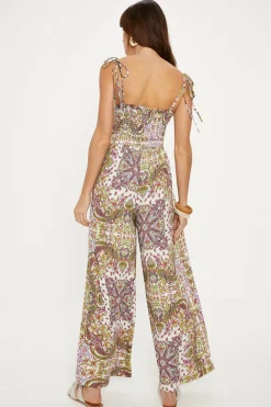 Hot Oasis Paisley Print Crinkled Shirred Jumpsuit Multi