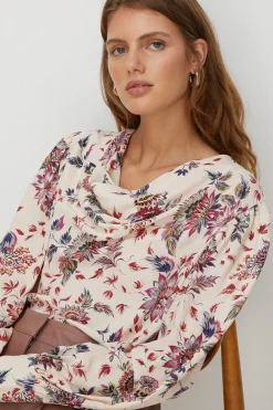 Sale Oasis Paisley Printed Cowl Neck Blouse Ivory