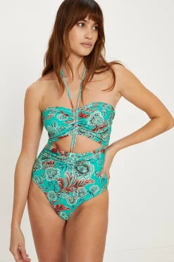 Discount Oasis Paisley Printed Cut Out Ruched Middle Swimsuit Bright Green