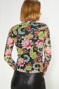 Outlet Oasis Paisley Printed Funnel Neck Mesh Top Black