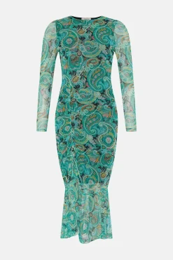 Sale Oasis Paisley Printed Gauged Front Midi Dress Multi