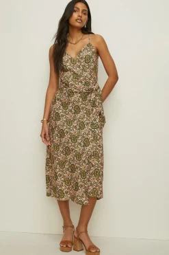 Sale Oasis Paisley Printed Linen Wrap Cami Dress Multi