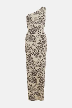 Discount Oasis Paisley Printed One Shoulder Midaxi Dress Ecru