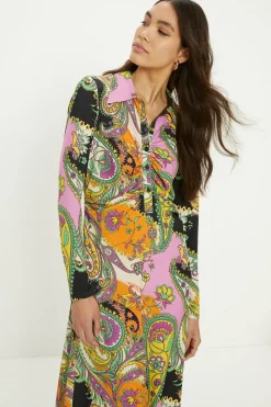 Hot Oasis Paisley Ruched Front Midi Shirt Dress Purple