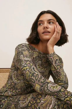 Discount Oasis Paisley Scoop Back Trapeze Midaxi Dress Green