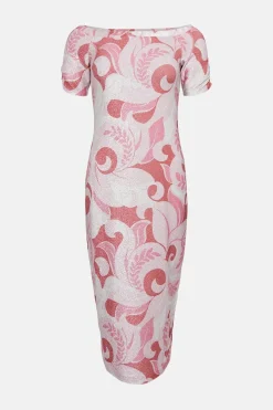 Clearance Oasis Paisley Shimmer Jersey Bardot Midi Dress Ivory