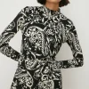 Hot Oasis Paisley Soft Touch Funnel Neck Midi Dress Blackwhite