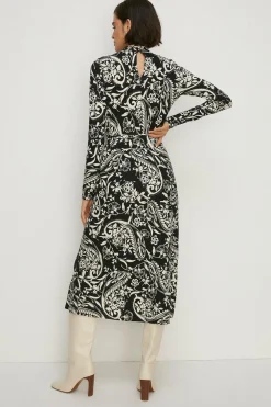 Hot Oasis Paisley Soft Touch Funnel Neck Midi Dress Blackwhite