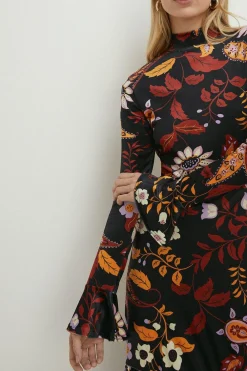 New Oasis Paisley Velvet Funnel Neck Tiered Midi Dress Multi