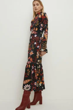 New Oasis Paisley Velvet Funnel Neck Tiered Midi Dress Multi