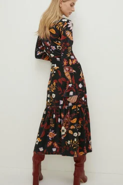 New Oasis Paisley Velvet Funnel Neck Tiered Midi Dress Multi