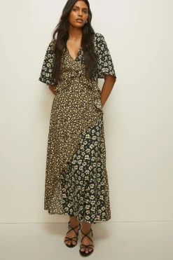 Clearance Oasis Pansy Mixed Ruffle Wrap Midi Dress Black