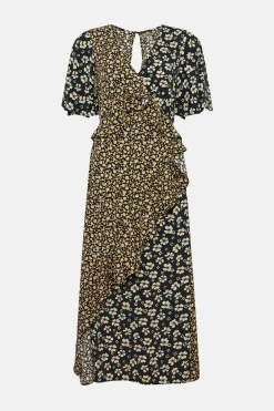 Clearance Oasis Pansy Mixed Ruffle Wrap Midi Dress Black