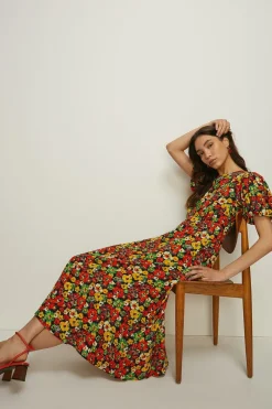 New Oasis Pansy Puff Sleeve Midi Dress Floral