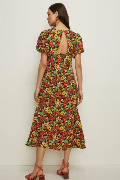 New Oasis Pansy Puff Sleeve Midi Dress Floral