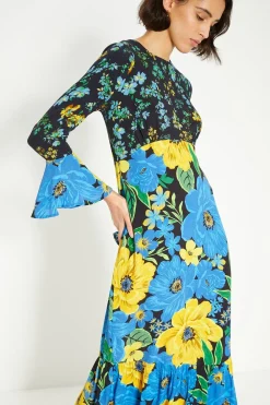 Hot Oasis Patch Print Bold Floral Midi Dress Multi