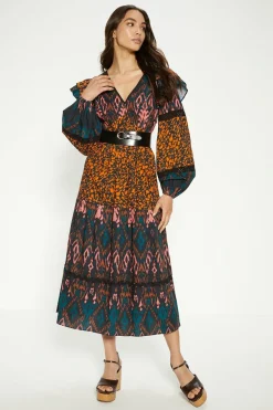 Sale Oasis Patched Aztec Ruffle Trim Detailed Midi Dress Animal