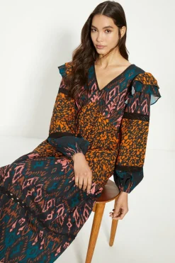 Sale Oasis Patched Aztec Ruffle Trim Detailed Midi Dress Animal