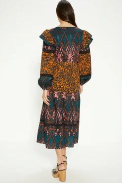 Sale Oasis Patched Aztec Ruffle Trim Detailed Midi Dress Animal