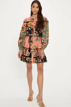Hot Oasis Patched Cotton Poplin Trim Detail Belted Mini Dress Multi