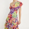 Clearance Oasis Patched Floral Asymmetric Ruffle Midi Dress Multi