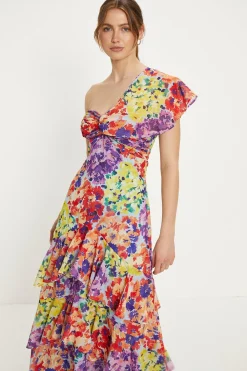Clearance Oasis Patched Floral Asymmetric Ruffle Midi Dress Multi