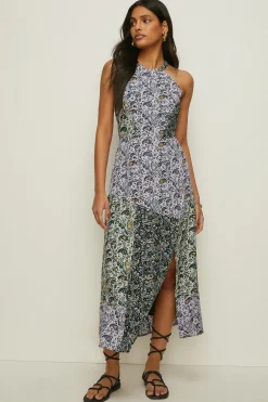Discount Oasis Patched Floral Side Split Halter Midi Dress Multi