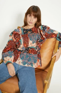 New Oasis Patched Paisley Pintuck Ruffle Blouse Multi